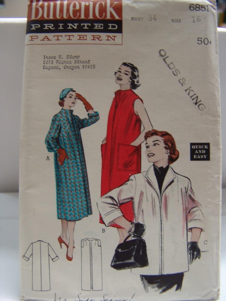 Vintage Butterick 6851 Slim Coat & Topper SZ 16 NO Side SEAMS UC
