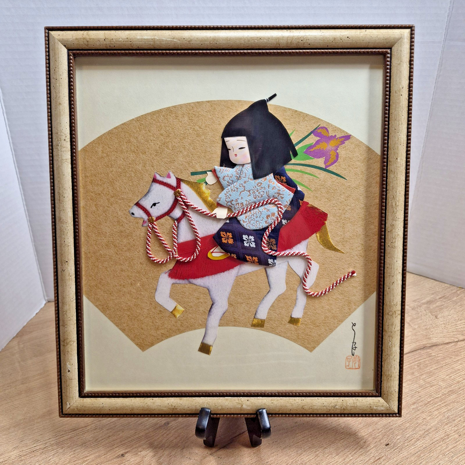 Vintage Japanese Oshie Fabric Art 3D Relief White Horse Samurai Boy Framed 12