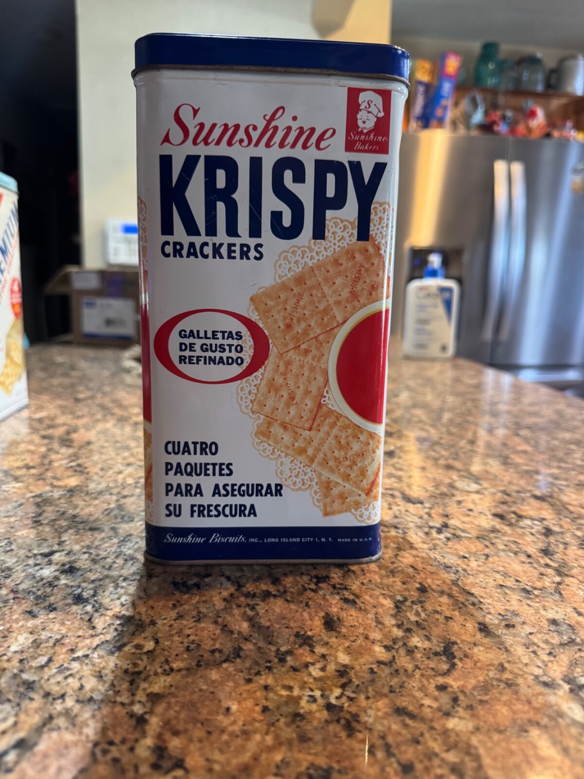 english and spanish sunshine krispy cracker tin multi color has a few small dent