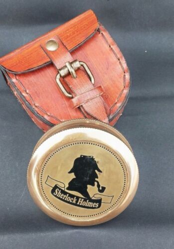 Antique Vintage Sherlock Holmes Compass 2'' Brass Compass With Lather Box Gift