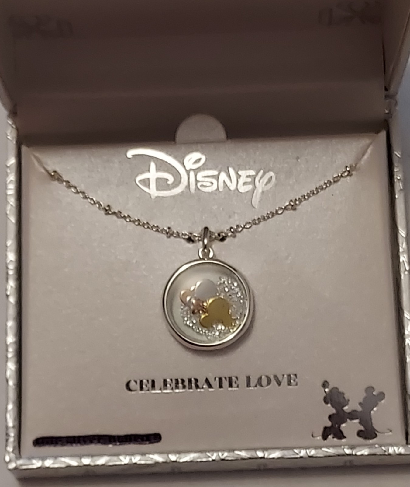 Disney celebrate love Mickey and Minnie Necklace, 18 inch chain (silver plated)