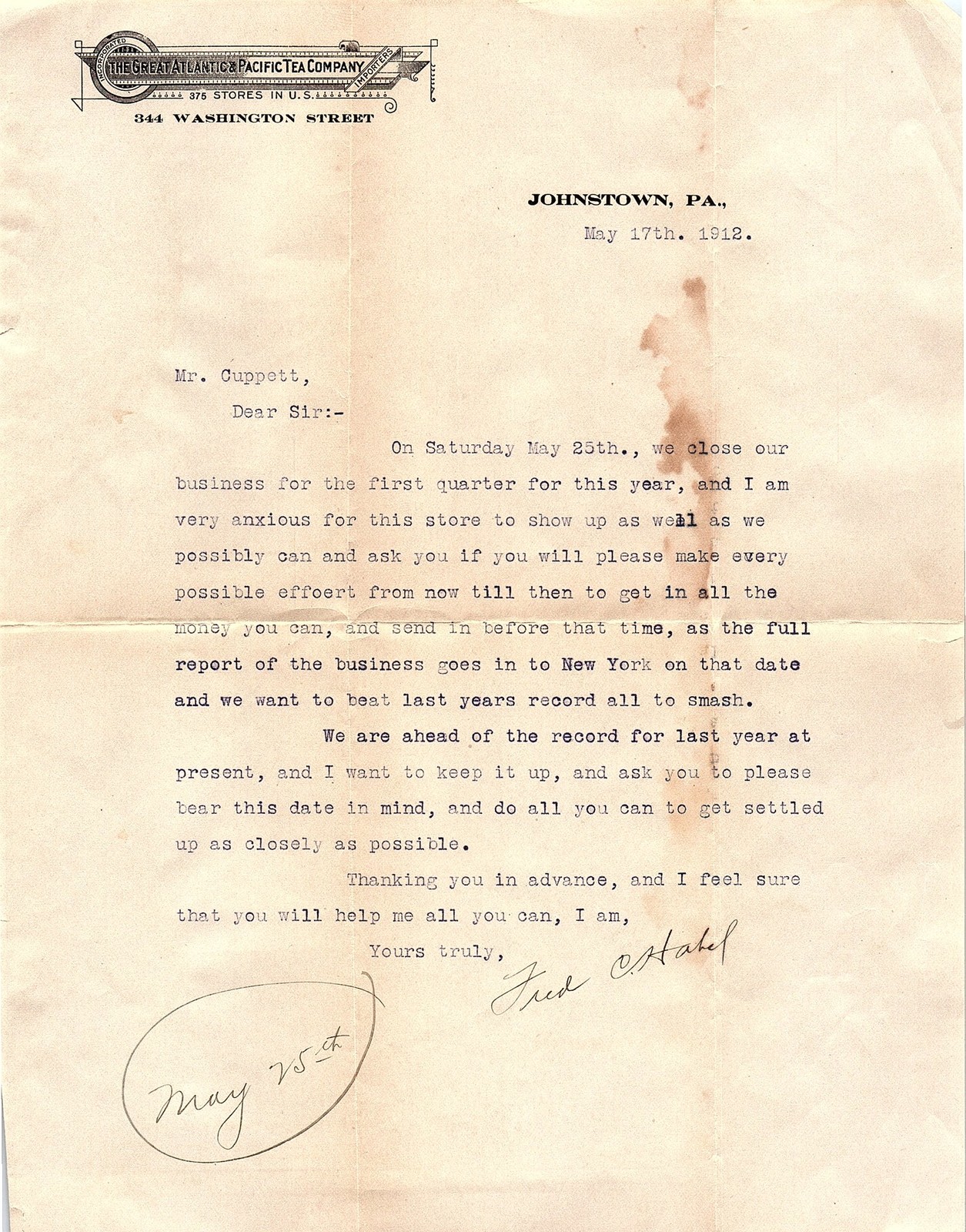 1912 A&P Tea Co. Johnstown PA business letterhead