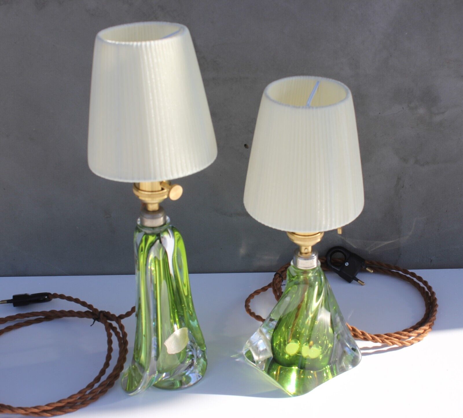 A Pair Crystal Lamps Val St Lambert, Two Green Table or Bed Side Lights