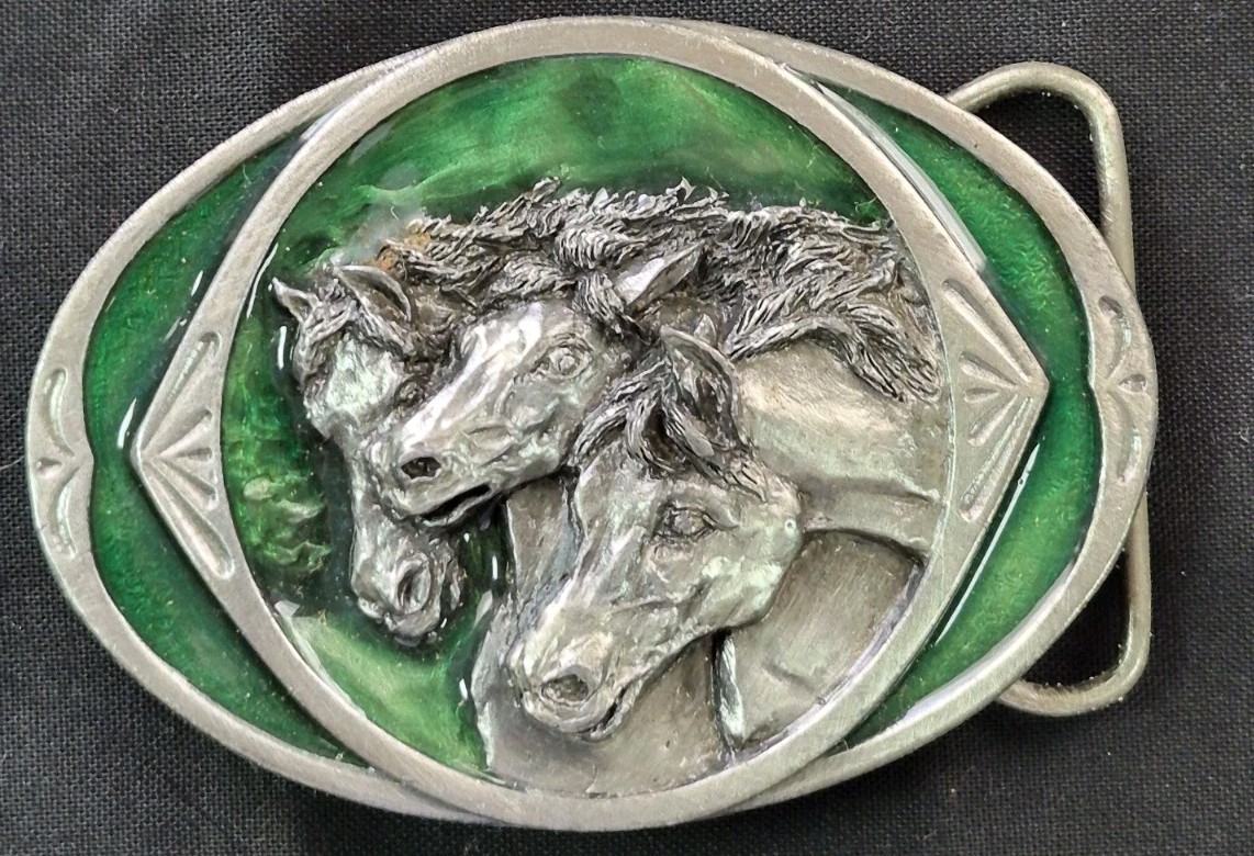 Vintage Bergamot Brass Works Equestrian Belt Buckle Pewter Green Enamel Horses 