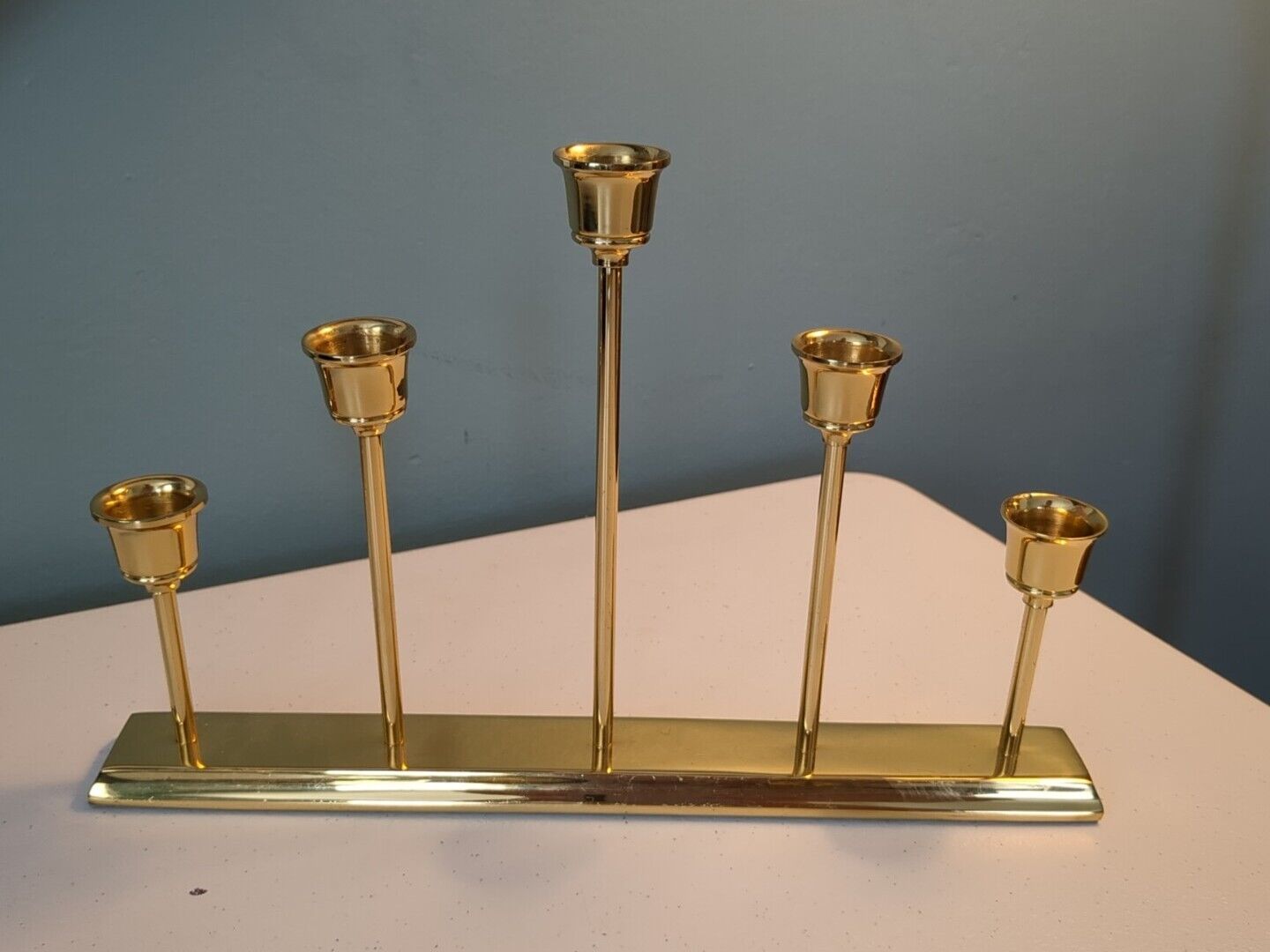Set of 5 Vintage Graduating Brass Taper Candle Stick Holders Hollywood Regency