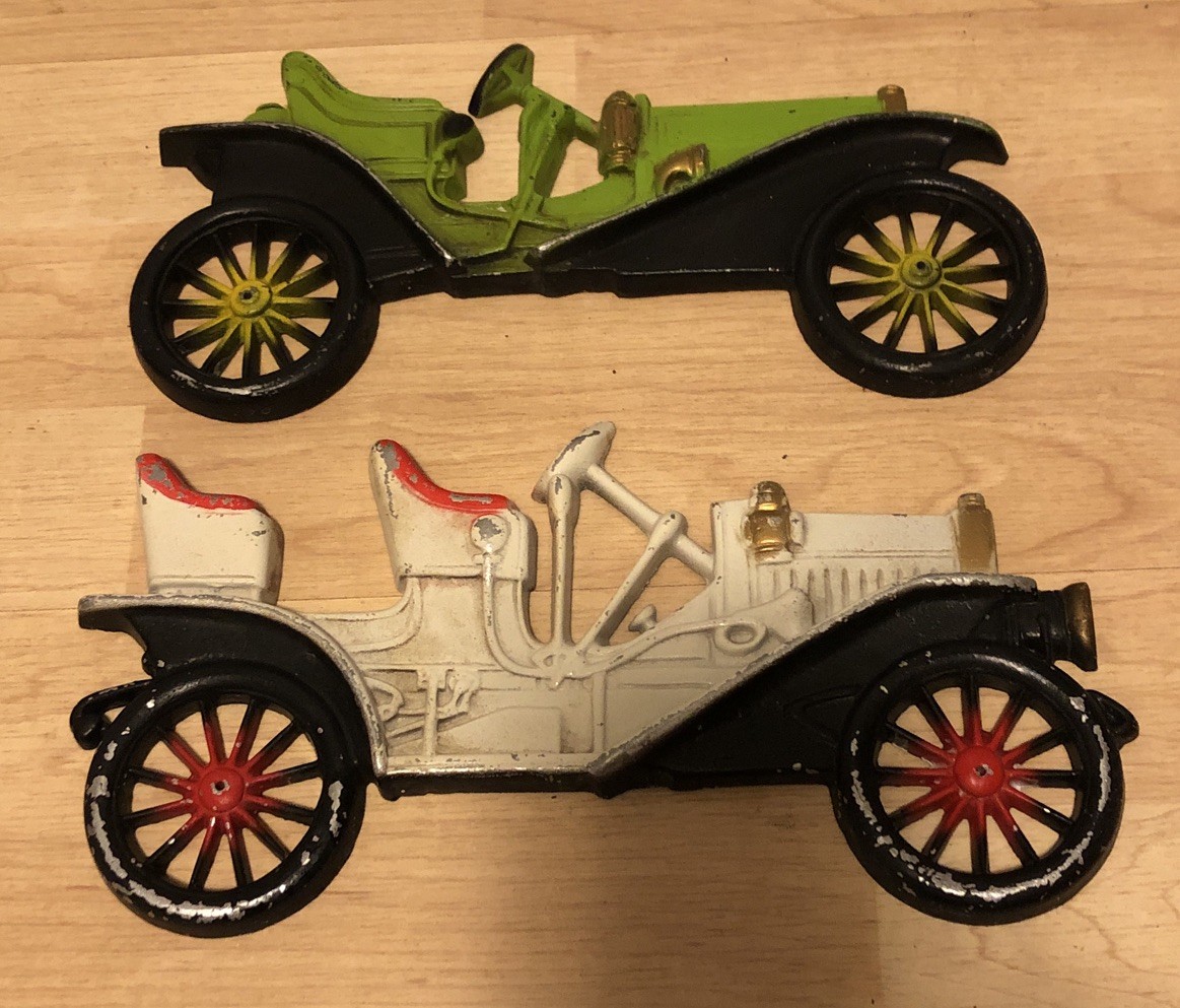 ANTIQUE CAR DECOR Set of 2 Vintage Cast Metal Plaques Wall Hanging