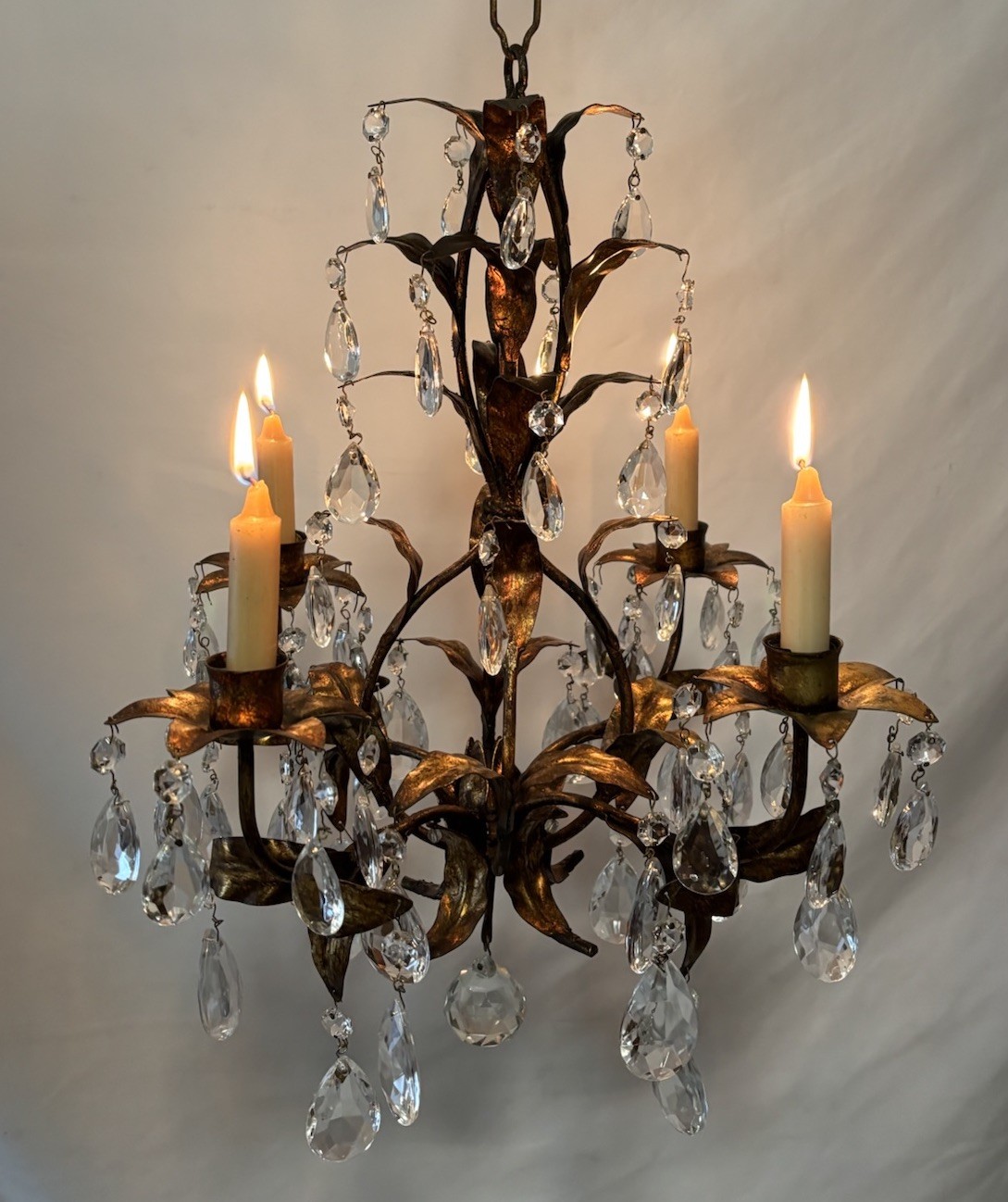 Vintage Gilt Tole Hanging Candelabra 4 Candle Holder Chandelier Crystal Prisms