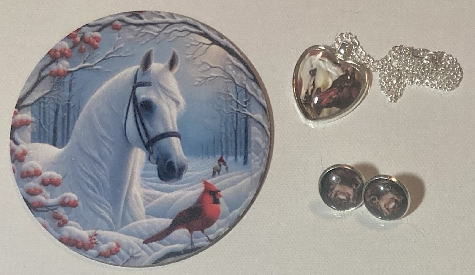 7 COASTERS WHITE HORSE w/CARDINAL+ 2 ARAB HEART PENDANTS + Pair PUPPY EARRINGS