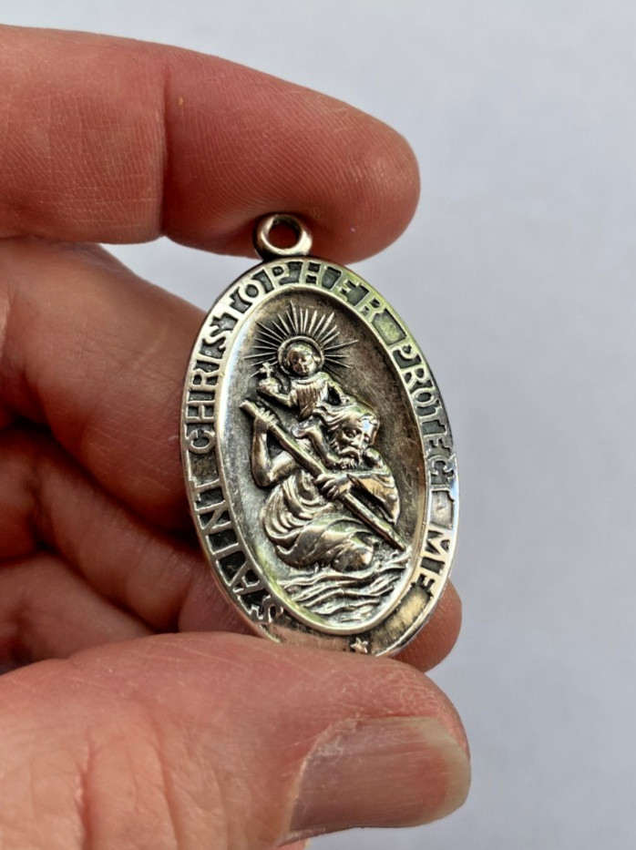 Vintage Signed Diroma Sterling USA St Christopher Medal Oval Pendant