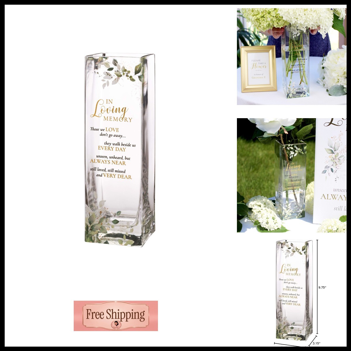 Lillian Rose Botanical Theme Memorial Flower Vase with Sympathy Verse - Multi
