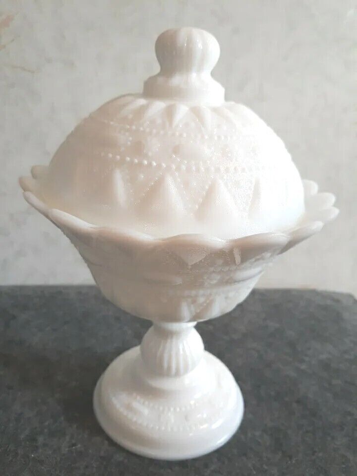  Vintage KEMPEL White Milk Glass Lace & Dewdrops Pedestal Covered Dish  Compote