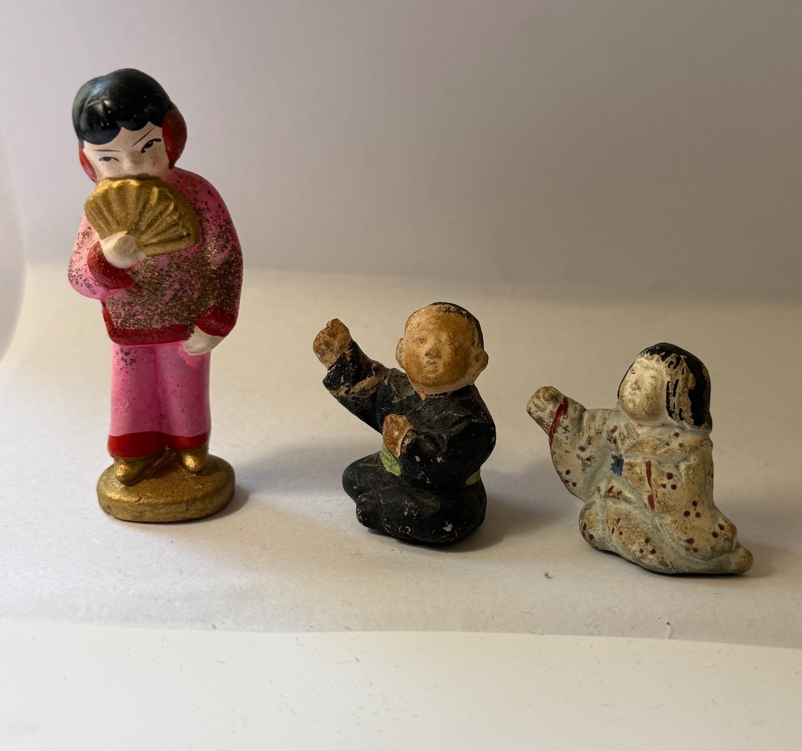 Vintage Hand-Painted Miniature Asian Ceramic or Clay Figurines- Lot of 3 Vintage Hand-Painted Miniature Asian Ceramic or Clay Figurines- Lot of 3