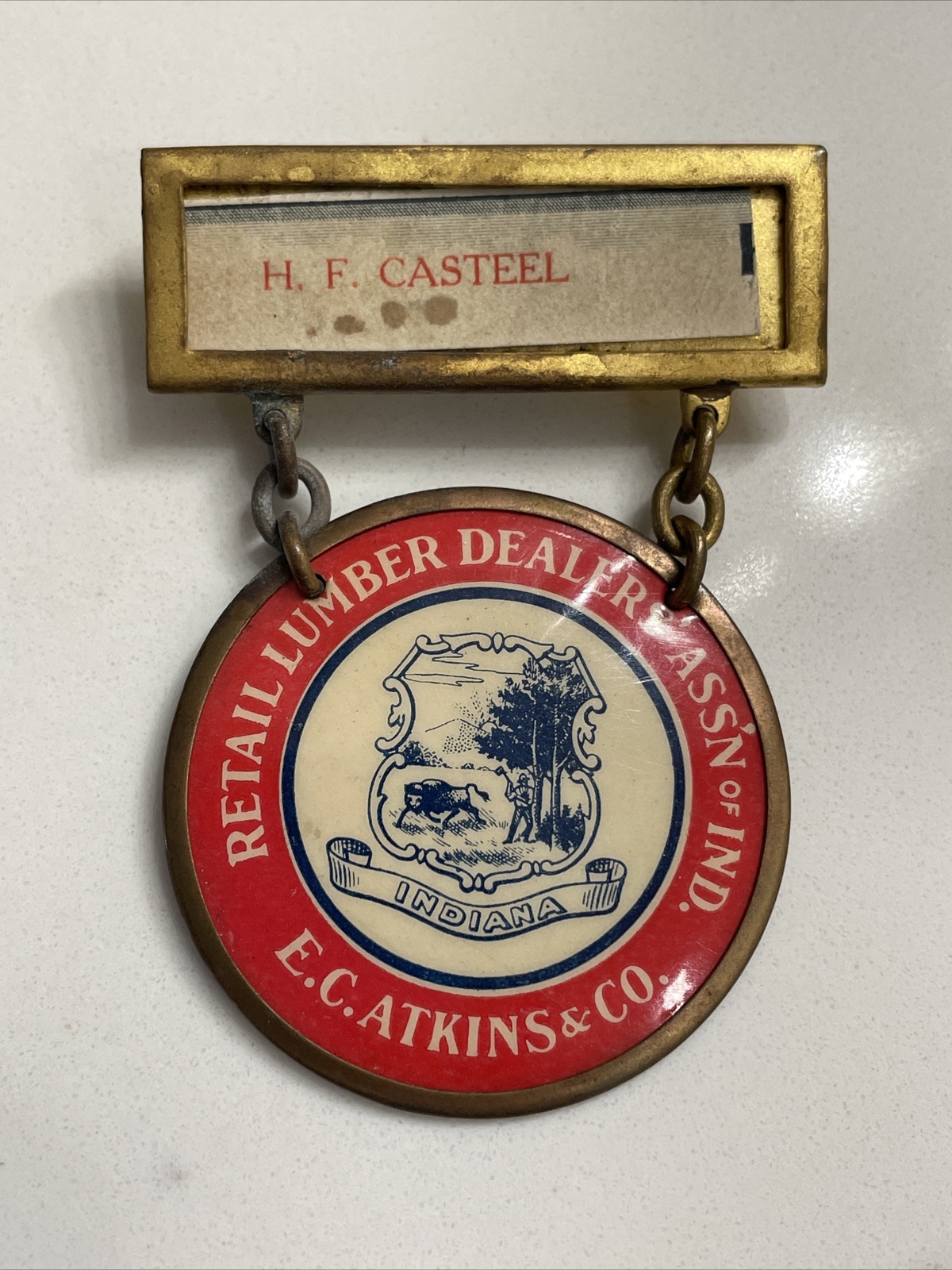 Ca1915 Retail Lumber Dealer Association of Indiana Member Badge EC Atkins & Co