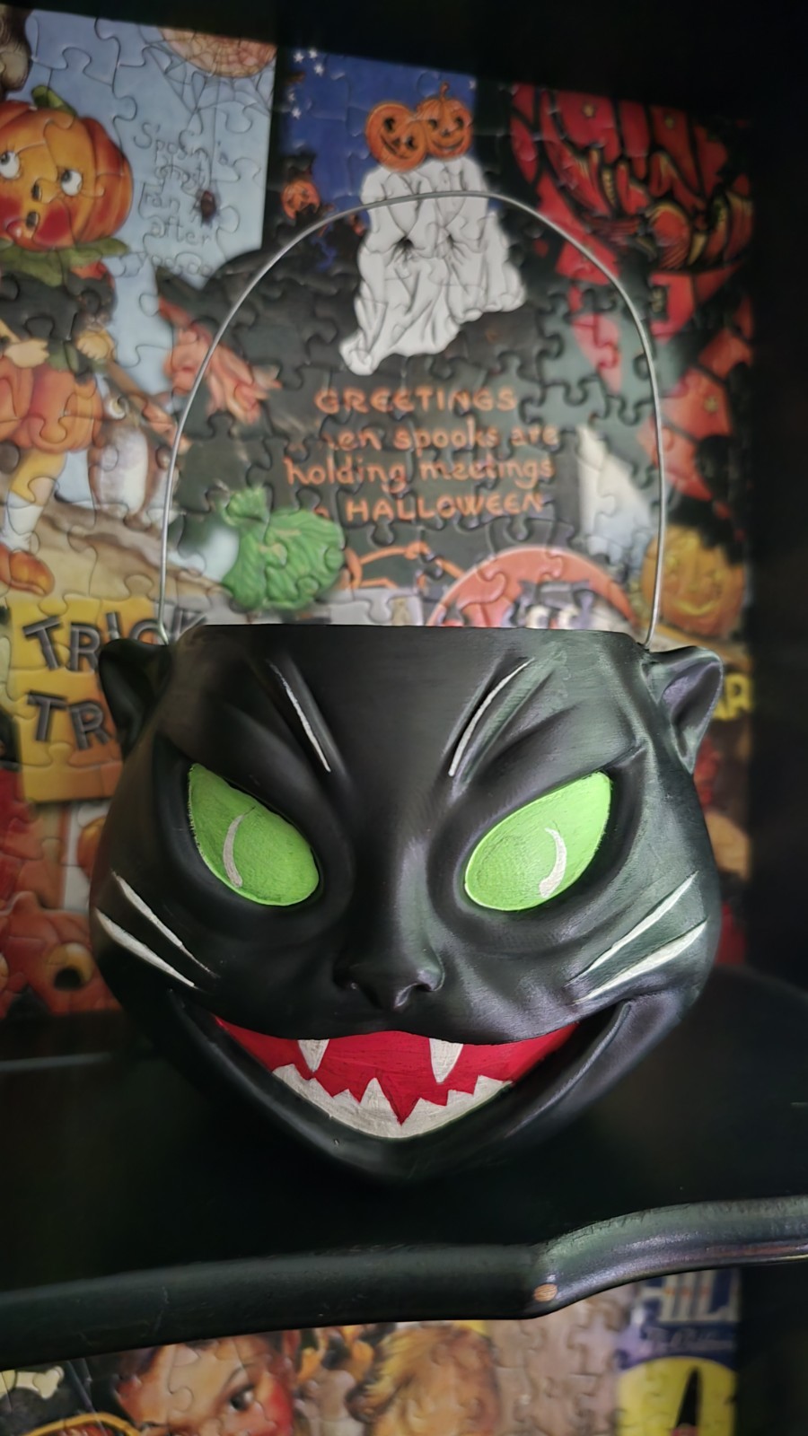Vintage Inspired Halloween Black Cat Lantern Bucket Completely Handpainted 4\