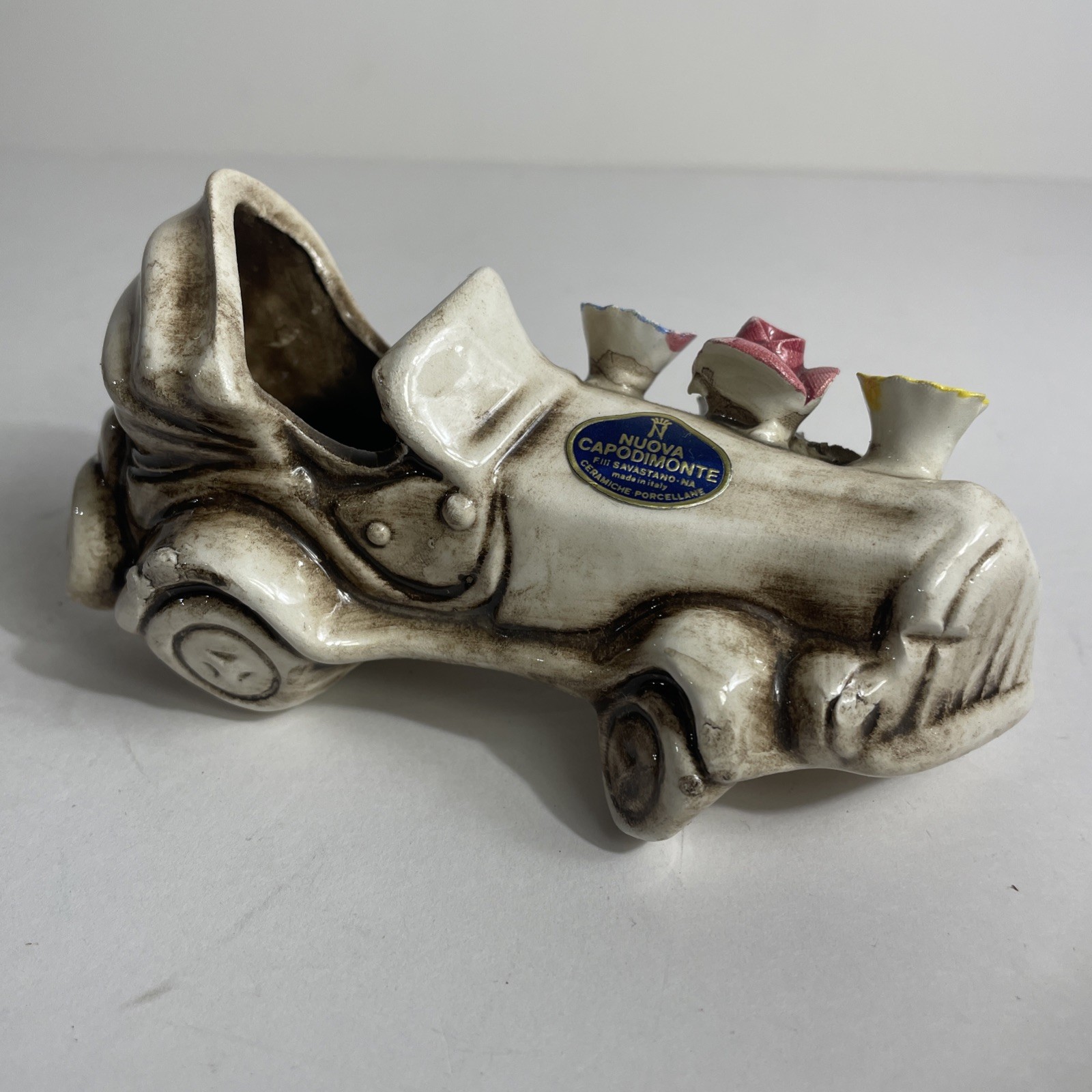 Rare Vintage Nuova Capodimonte Pottery Porcelain Miniature Car Buggy 3 Flowers Rare Vintage Nuova Capodimonte Pottery Porcelain Miniature Car Buggy 3 Flowers