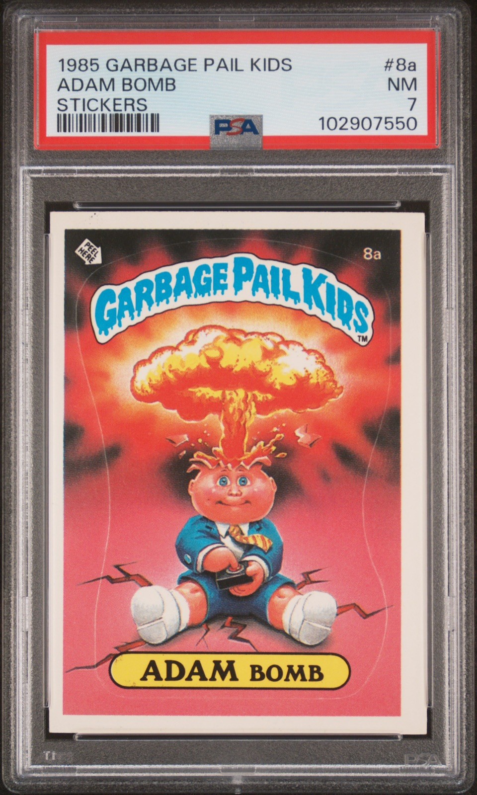 1985 Garbage Pail Kids Season 1 Adam Bomb #8a PSA 7 (Cheaters License) Sticker