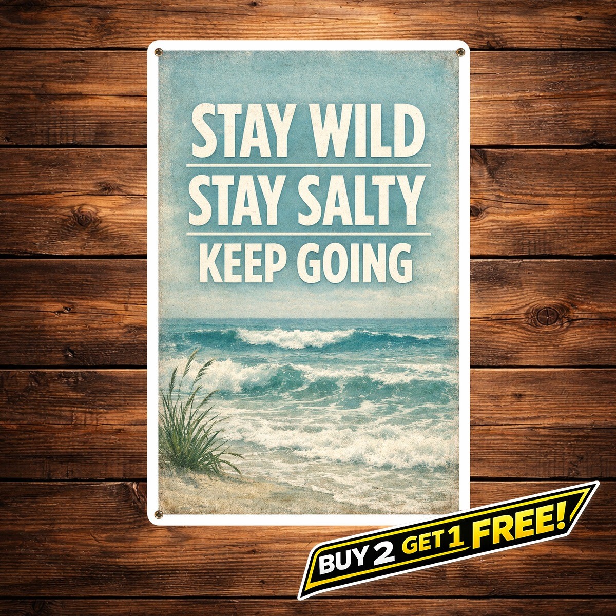 Stay Wild Stay Salty Ocean Wave Quote Vintage Coastal Metal Tin Sign 8x12
