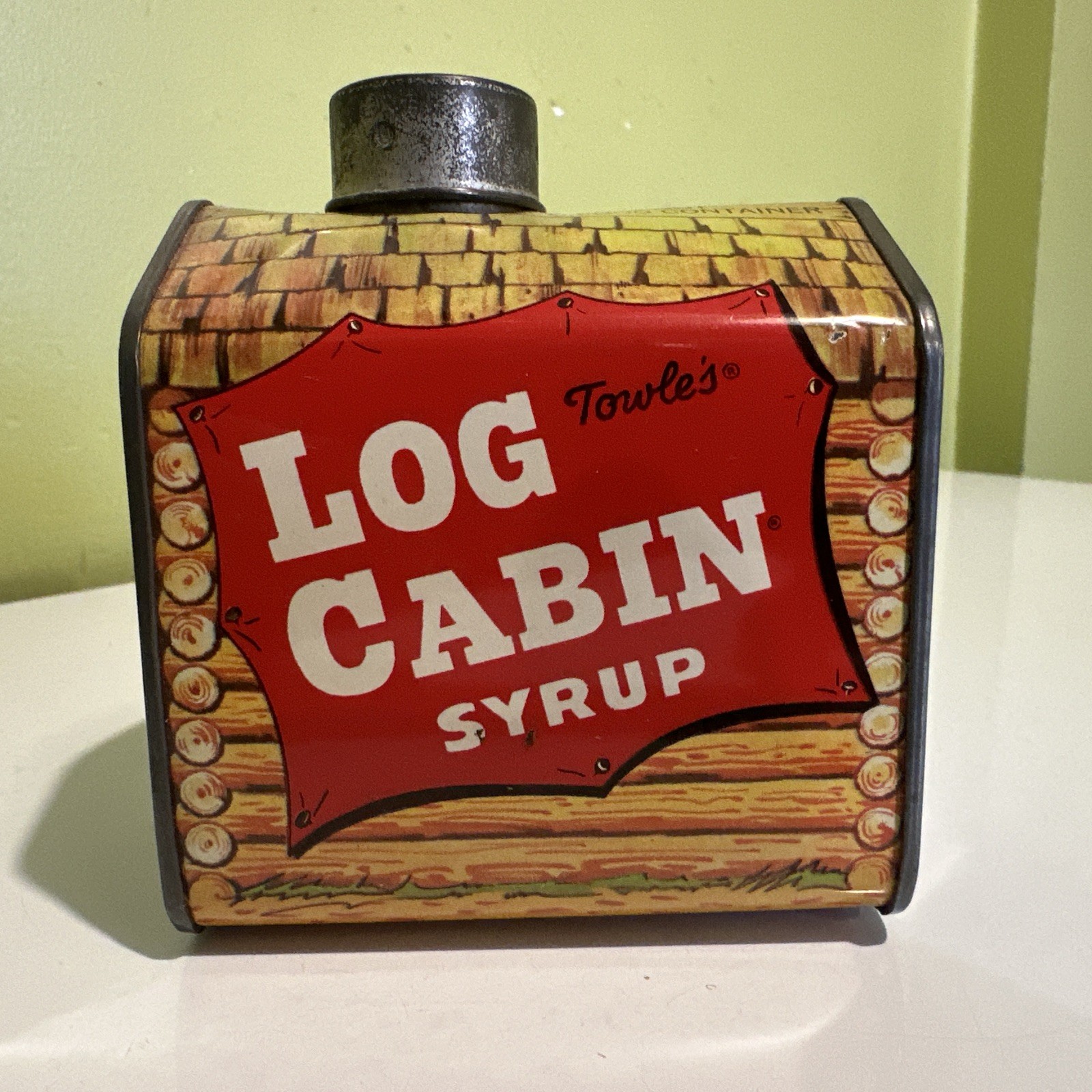 Vintage Towle’s Log Cabin Syrup Bank Tin Advertising Vintage Towle’s Log Cabin Syrup Bank Tin Advertising