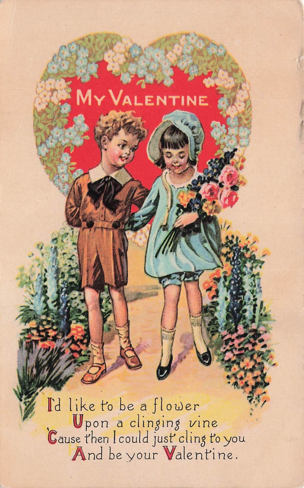 Antique Valentines Day Card Flower Path Walk Love Romance Heart Vtg Postcard 22A