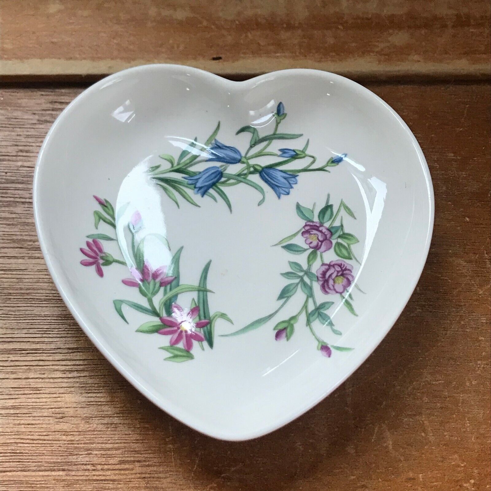 Small Spode Signed White Porcelain w Pink Purple Blue Flower Accents Shallow Hea