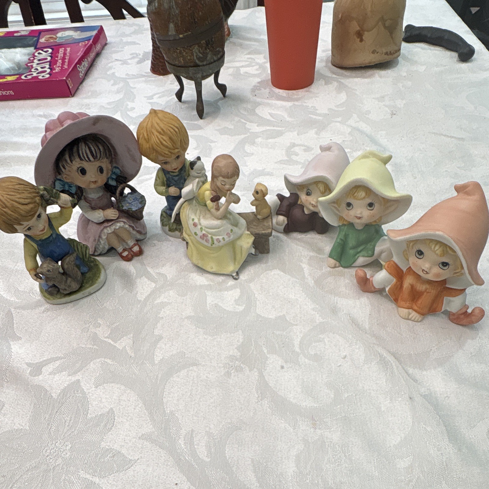 Vtg Artmark Porcelain Figurine Girl On Bench Dog & Enesco Gnome Lot Korea Japan
