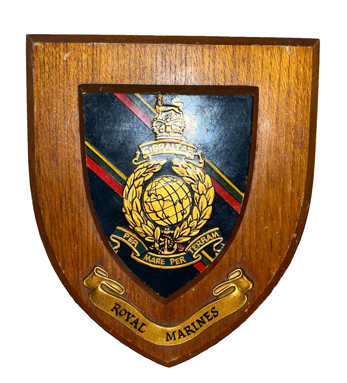 VINTAGE REGIMENTAL WOODEN MESS SHIELD/PLAQUE-ROYAL MARINES GIBRALTAR VINTAGE REGIMENTAL WOODEN MESS SHIELD/PLAQUE-ROYAL MARINES GIBRALTAR