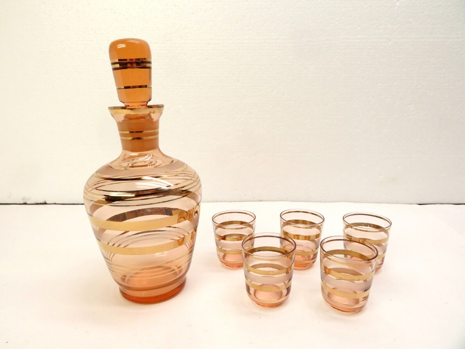 Vintage Whiskey Decanter Mid Century Modern Amber Rose Barware with Shot Glasses