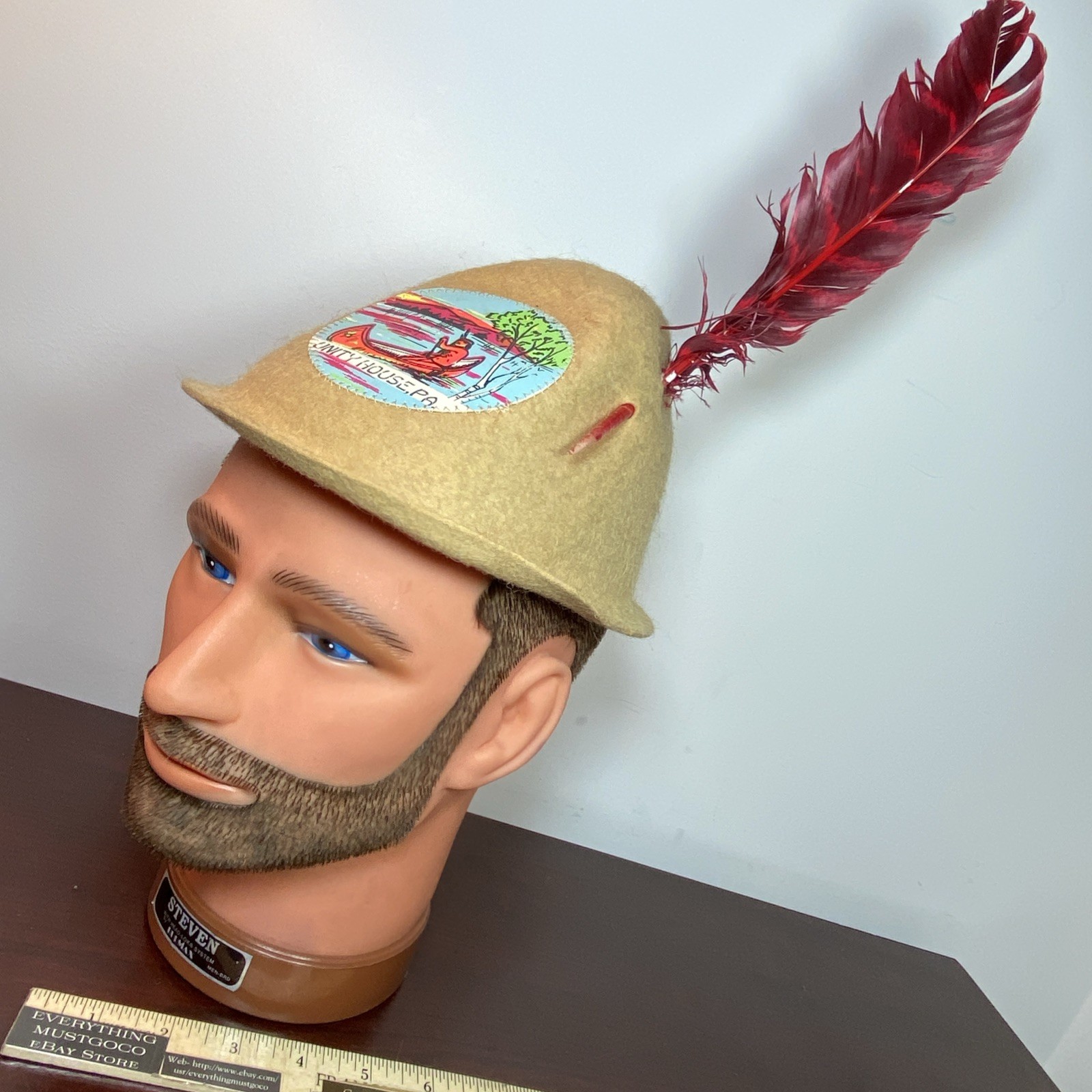 1960s Vtg UNITY HOUSE PA Indian Canoe Paddle Lake Patch Red Feather Tan Cap Hat