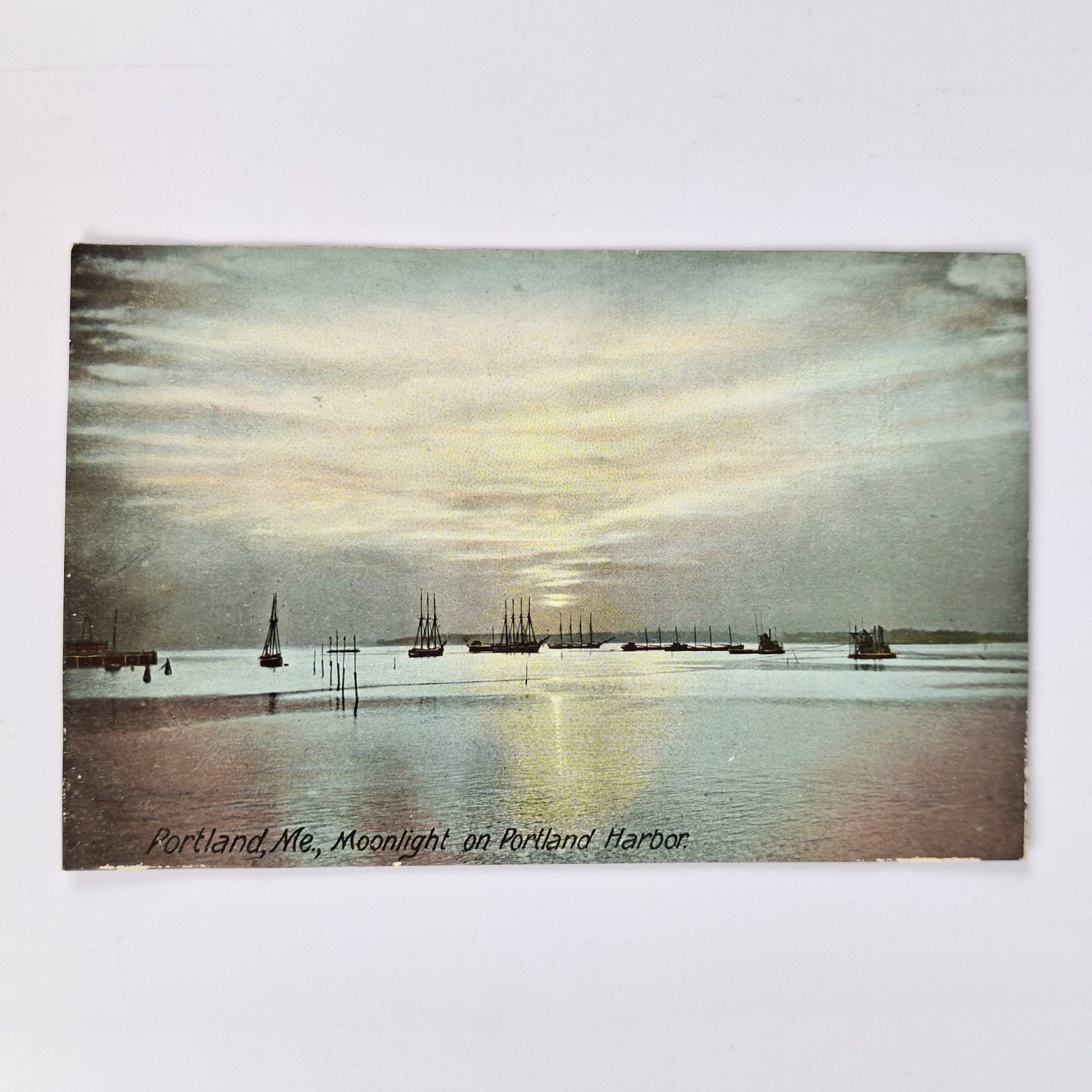 Hugh C Leighton Co 3496 Portland ME  Moonlight On Portlands Harbor Vtg Postcard 