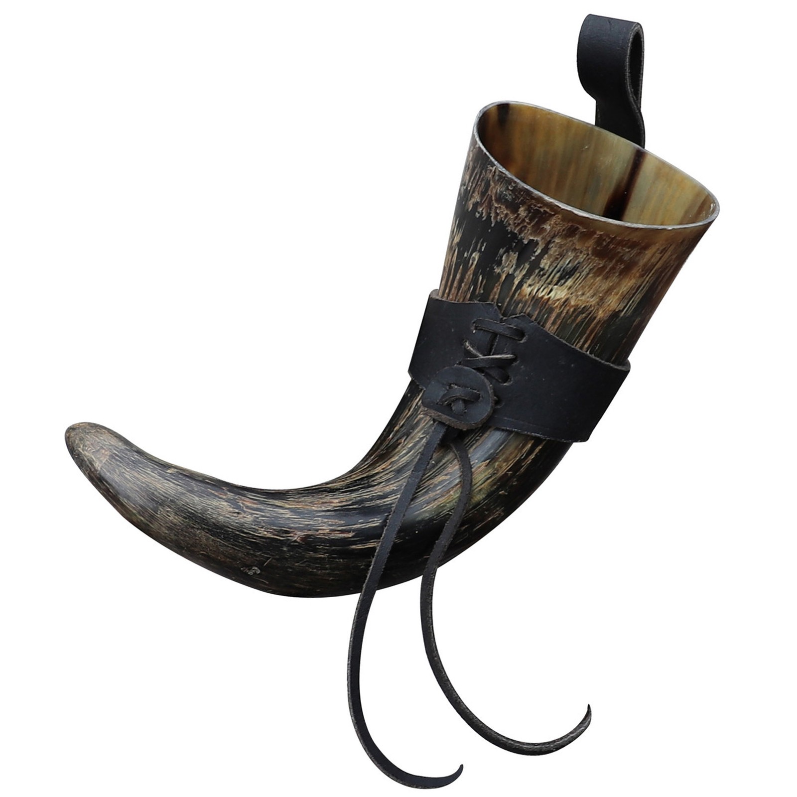 Distressed Raider Viking Drinking Horn Natural Buffalo Horn genuine Leather Hols