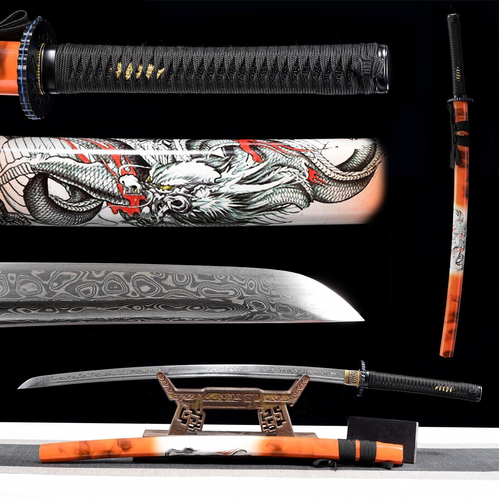 Damascus Folded Steel Katana Battle Ready Japanese Samurai Sharp Sword Handmade