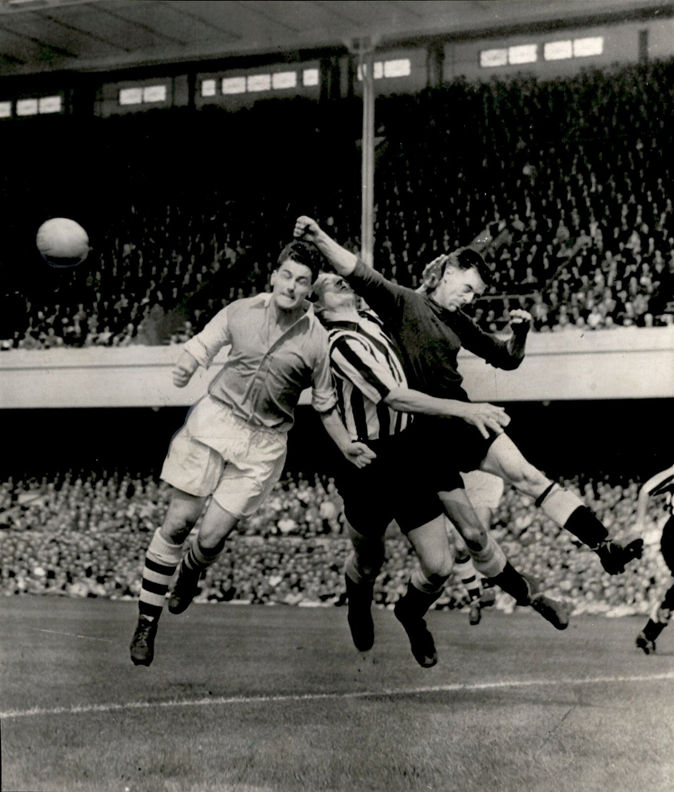 LG922 1954 Wire Photo RUGBY PLAYERS COLLIDE WITH REFEREE Classic Sports Bloopers