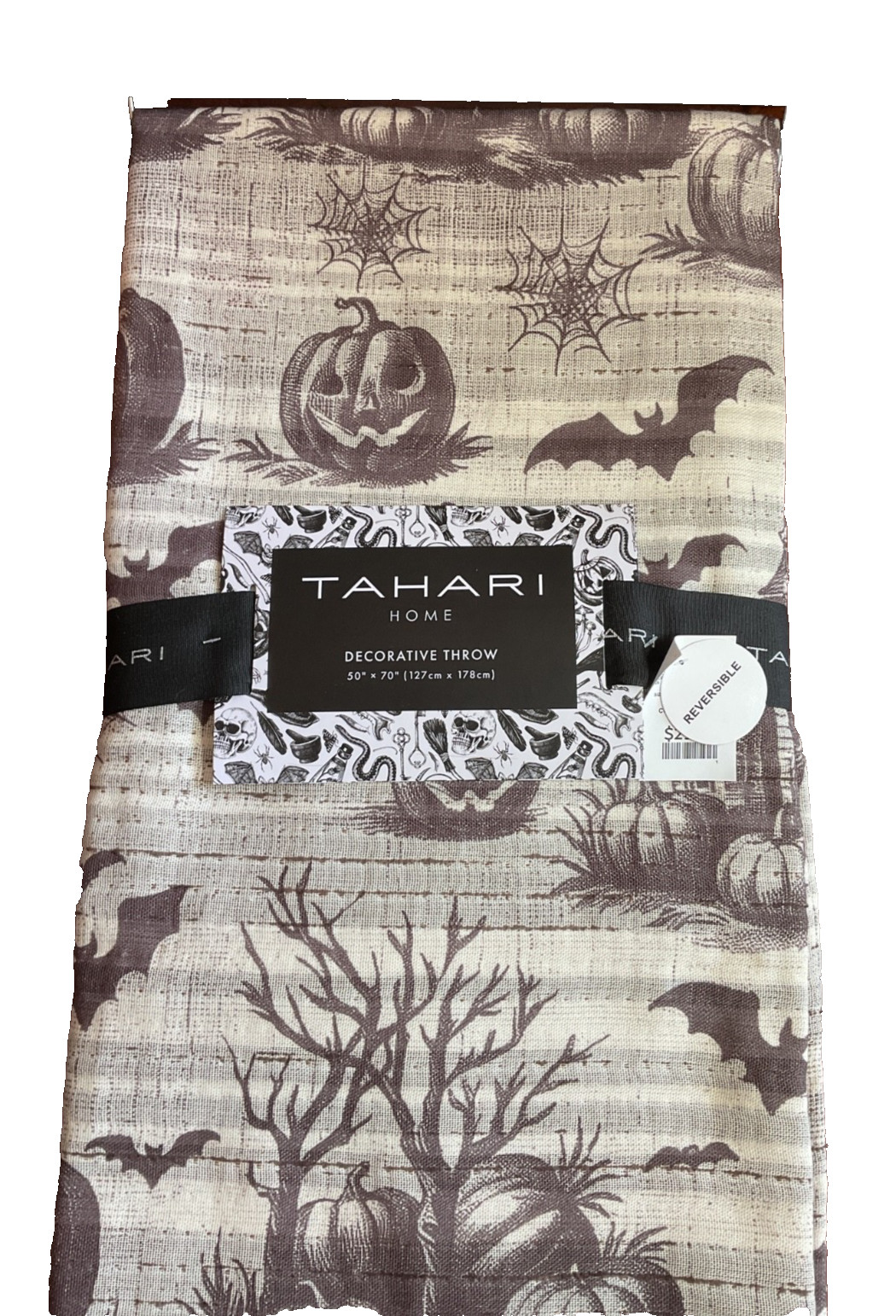 Tahari Decorative Throw Blanket HALLOWEEN CREAM BROWN TASSELS POLYESTER NWT