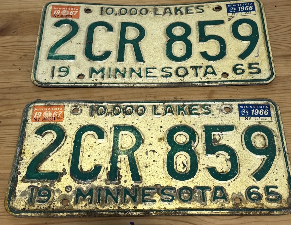 VTG 1965 MN License Plates Matching Set White @ Green Lettering.1966/67 Stickers