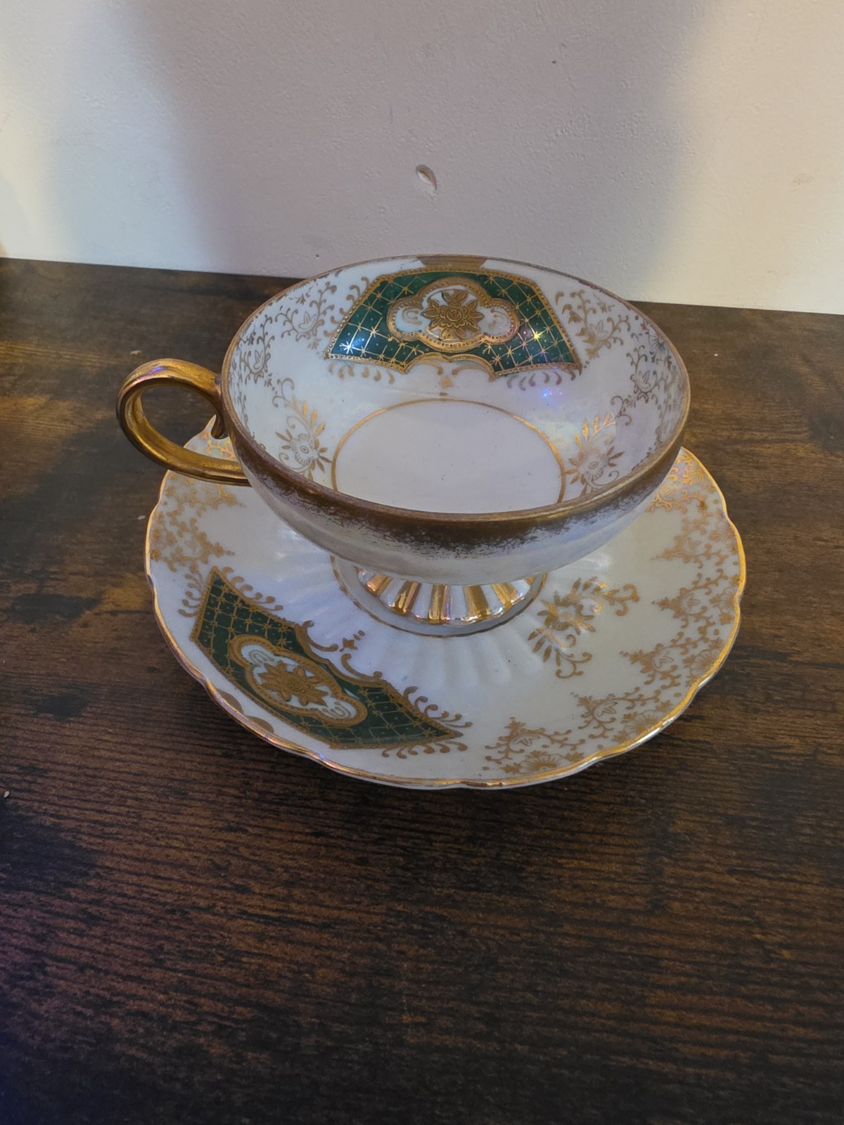 Vintage Royal Sealy China Teacup and Saucer Set Green Gold Gilt Japan Luster