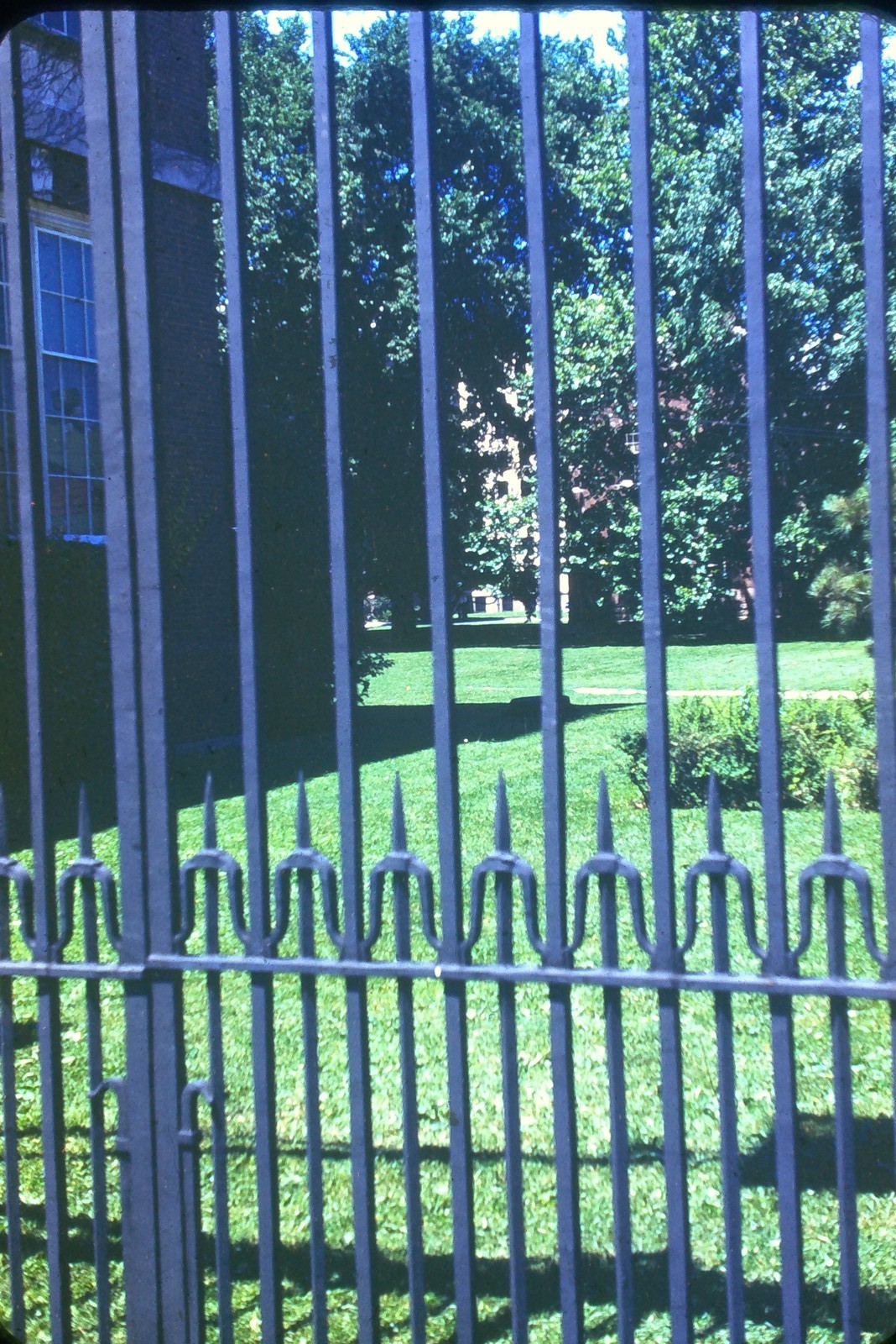 c1950's Kodachrome Red Border 35mm Slide Iron Fence Brick Building Garden Lawn c1950's Kodachrome Red Border 35mm Slide Iron Fence Brick Building Garden Lawn