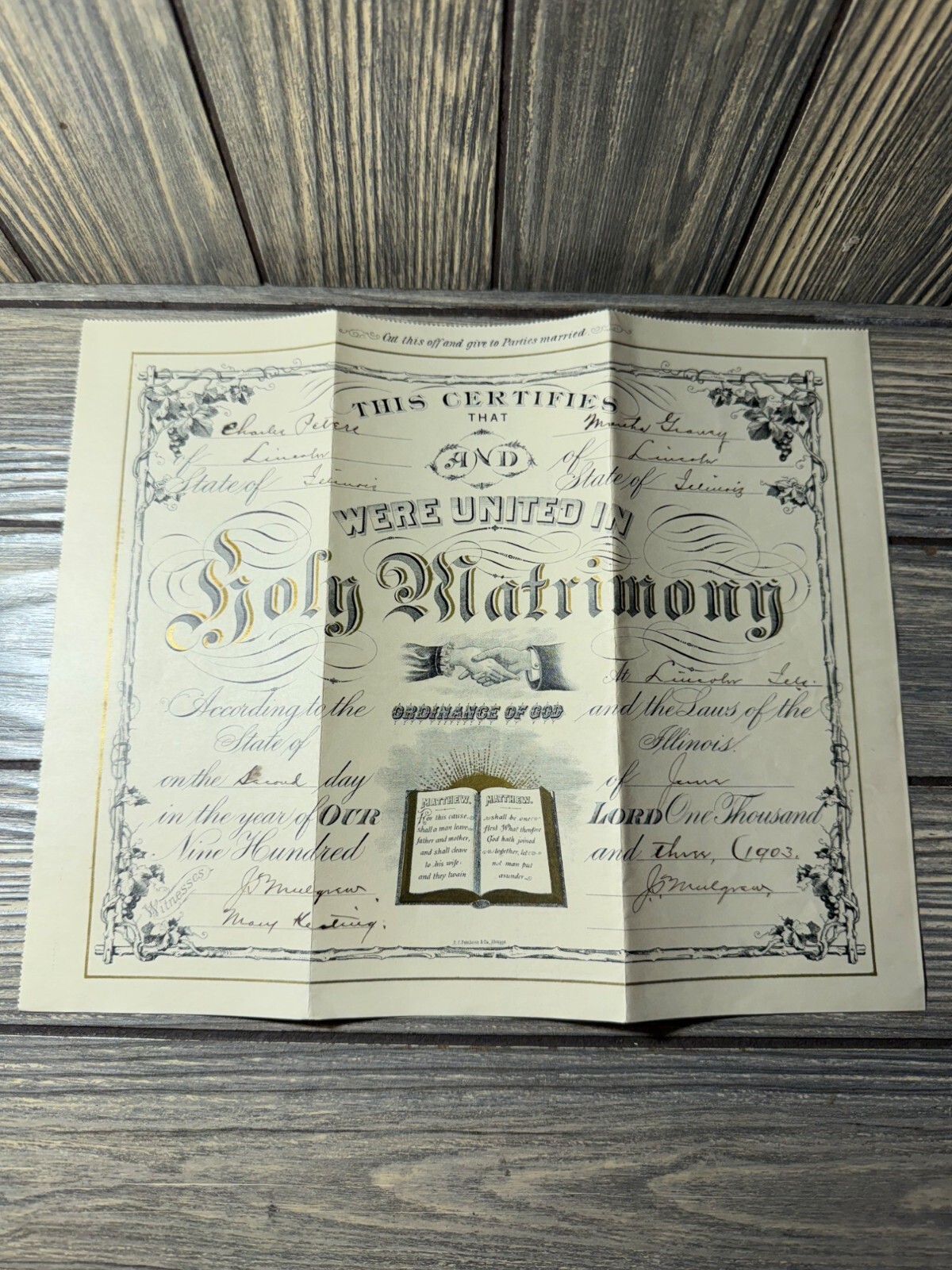 Vintage Holy Matrimony Marriage Certificate