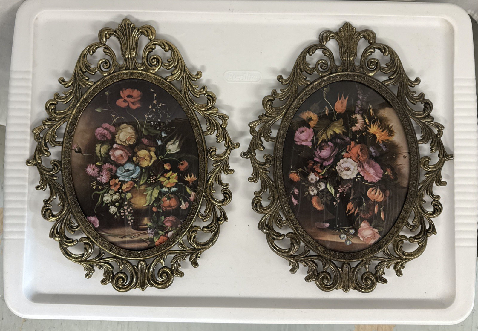 Vintage Pair Italian Style Ornate Brass Oval Frames Floral Prints Convex Glass Vintage Pair Italian Style Ornate Brass Oval Frames Floral Prints Convex Glass
