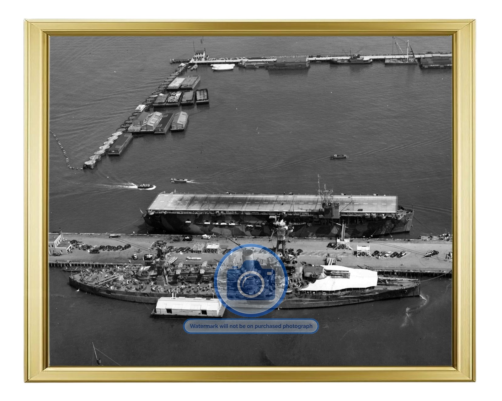 USS NEW YORK BATTLESHIP AND USS CHARGER CARRIER 8X10 GOLD FRAMED PHOTO