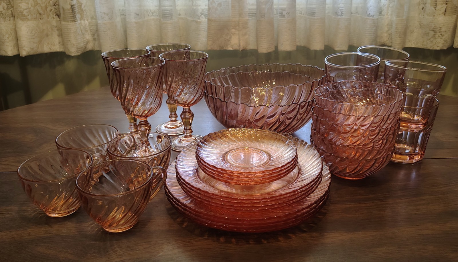 vintage Rosaline Pink Swirl glassware and dinnerware by Arcoroc 34 Piece Set