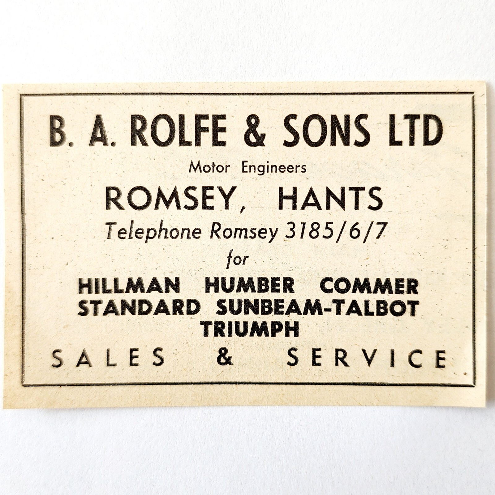 1954 Rolfe And Sons Car Dealership Romsey Advertisement Automobilia E89F4