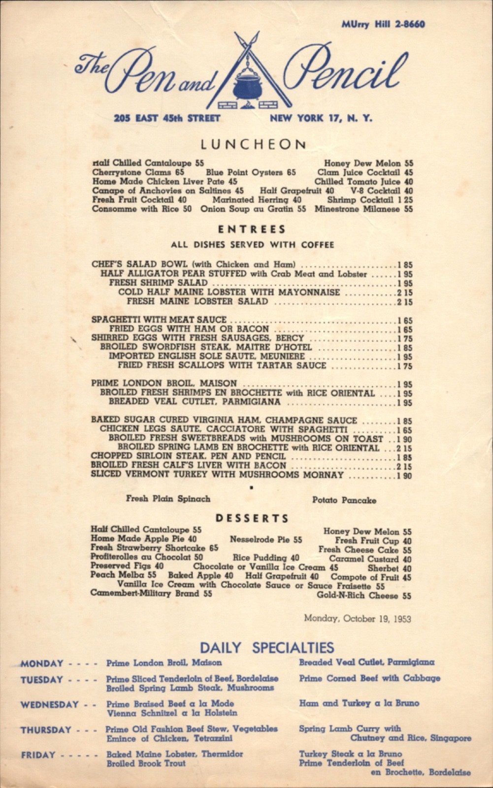 1953 THE PEN AND PENCIL vintage restaurant menu NEW YORK CITY Inspired Mad Men