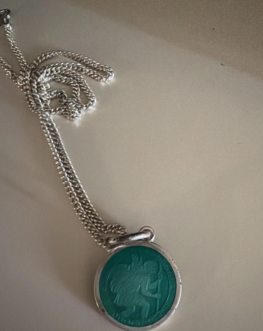 Vintage Charles Thomae Sterling Green Enamel St. Christopher Medal Pendant *460