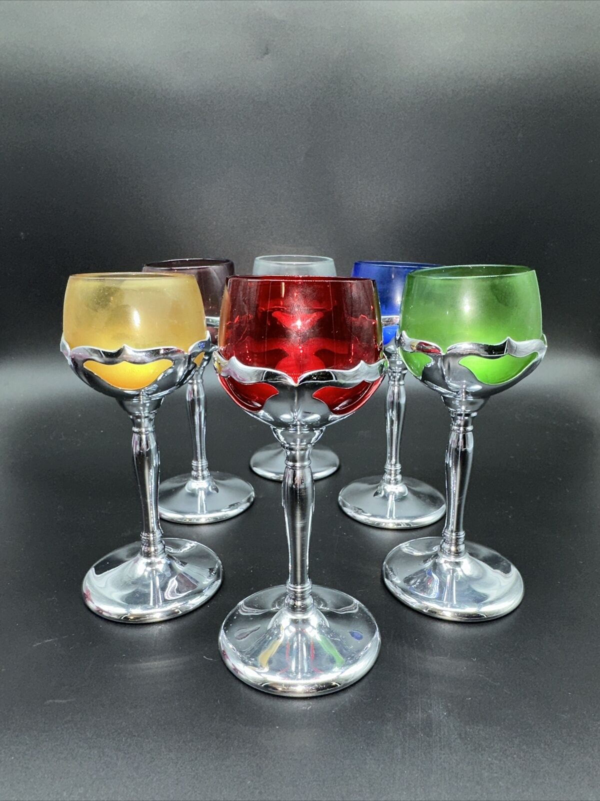 6 Vintage Farber Brothers Cambridge Krome Kraft 3oz Cordials  Liquor Glasses 30’