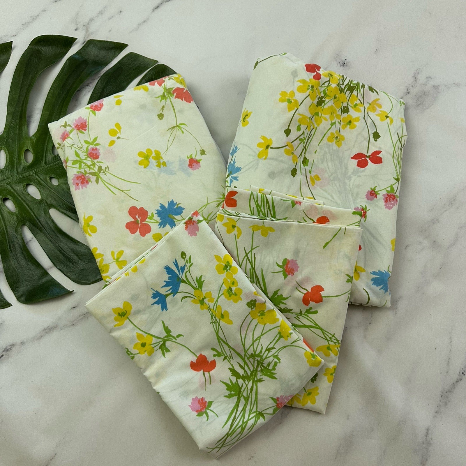 Fieldcrest Vintage 70s Sheet Set King Size White Yellow Floral Fitted Flat 