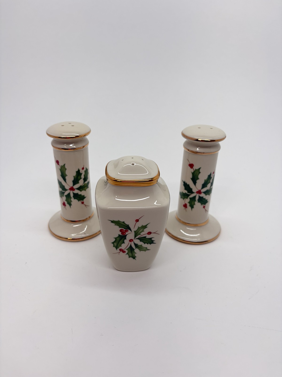 Lenox Holiday Salt & Pepper Shakers set of 3 Ivory Holly Gold Trim Christmas
