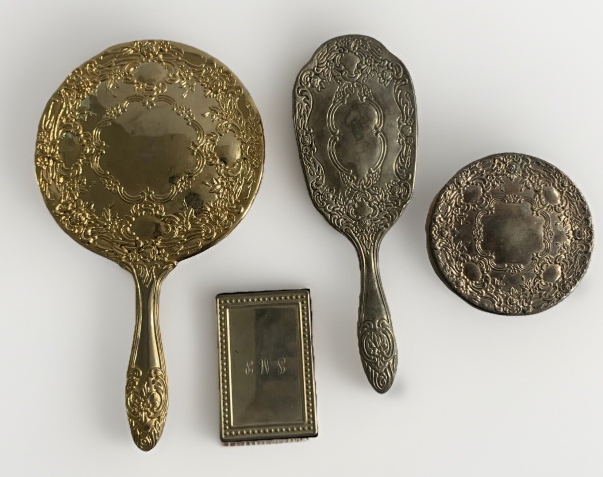 VTG Vanity Set Silver Plated Mirror Brush Address Book Victorian Boudoir Lot /4