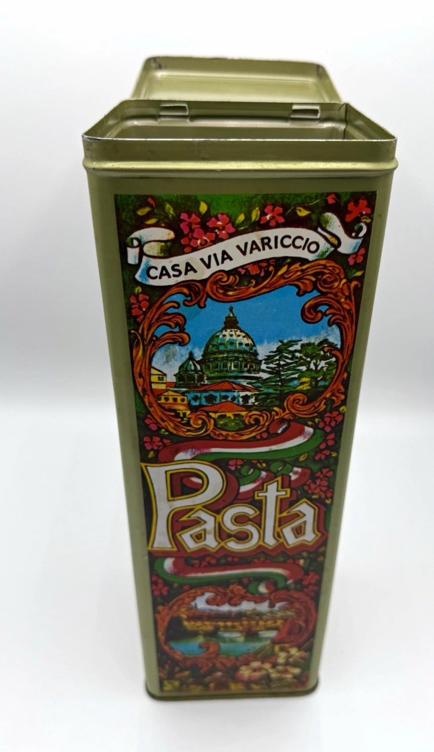 Vintage Italian Pasta Tin Canister Casa Via Variccio Green Metal Hinged Lid