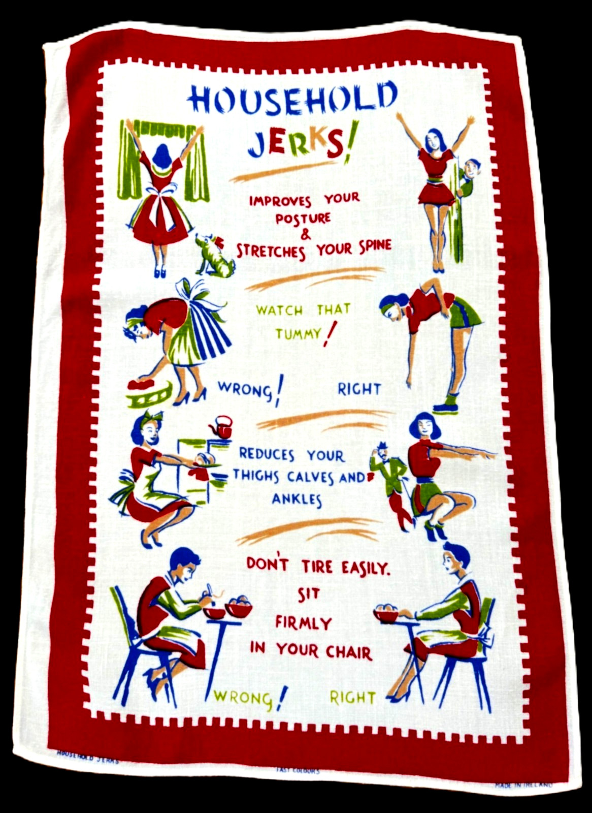 Unused Vtg. MCM Irish Linen Tea Towel Wall Art HOUSEHOLD JERKS