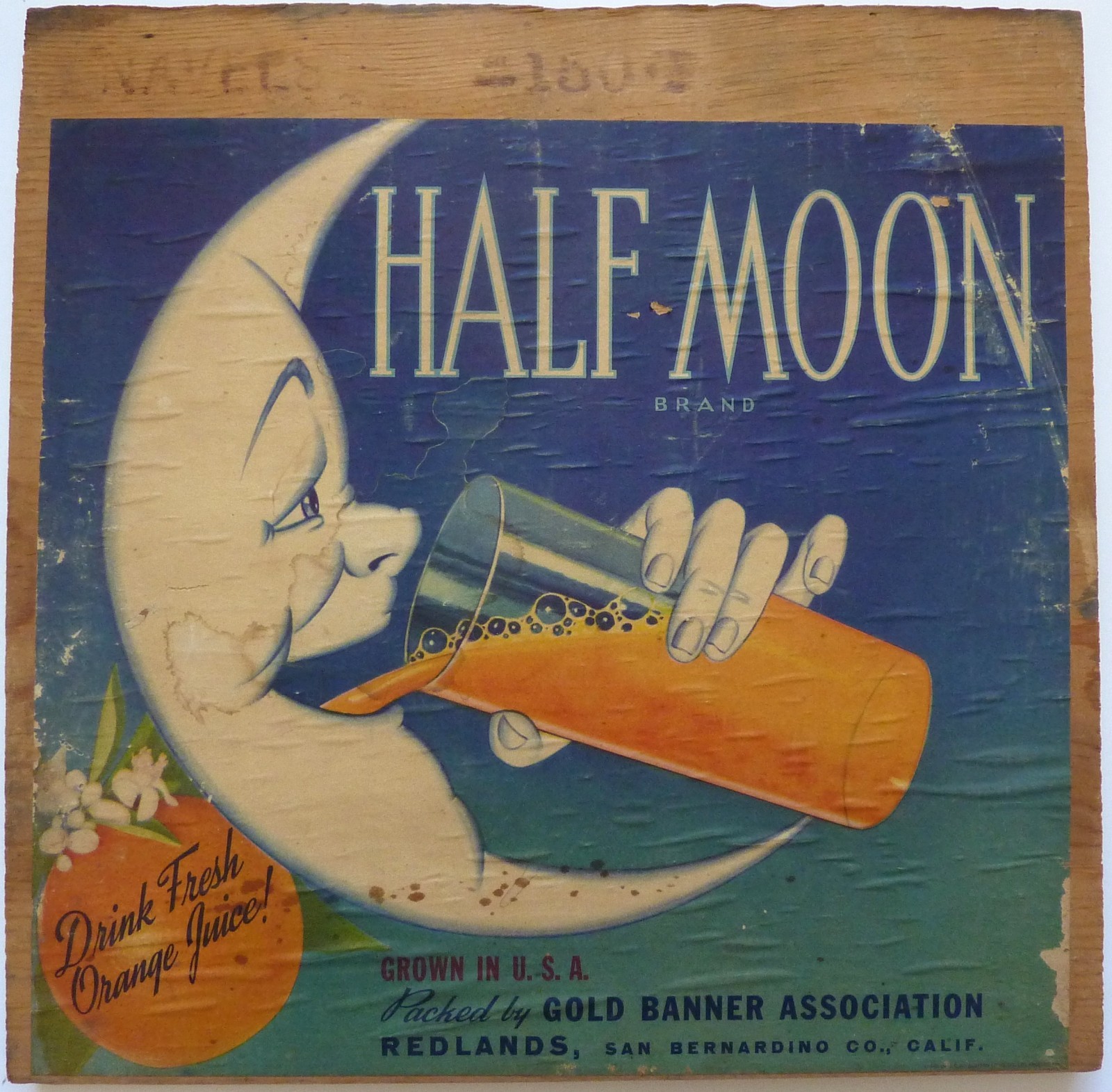 Vintage HALF MOON Brand Orange Crate Label on Wooden Box End Redlands CA Vintage HALF MOON Brand Orange Crate Label on Wooden Box End Redlands CA